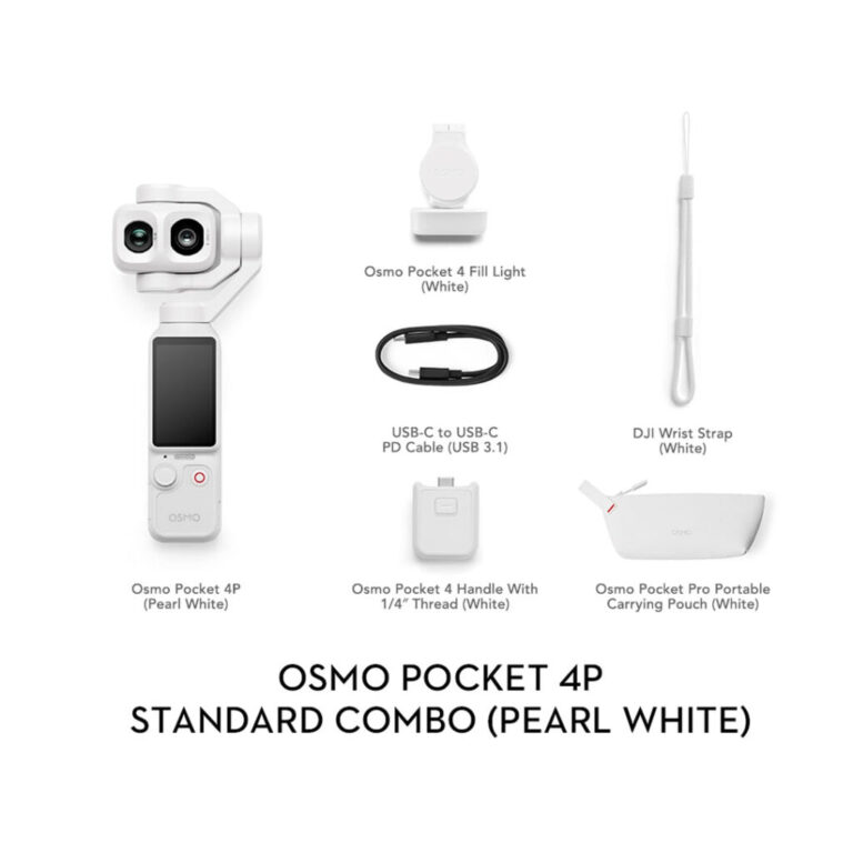 DJI Osmo Pocket 4P Pearl White Standard Combo with matching white accessories