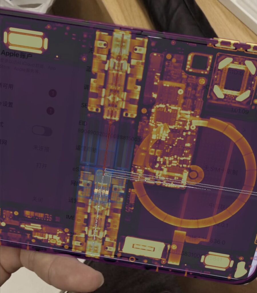 iFixit overlay of iPhone Duo screen damage with CT scan and hinge model