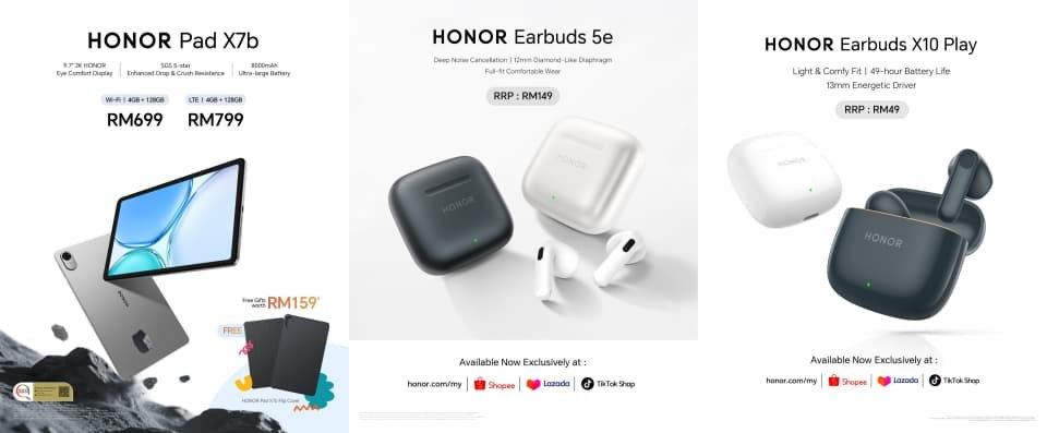 HONOR Pad X7b, Earbuds 5e and Earbuds X10 Play Malaysia pricing