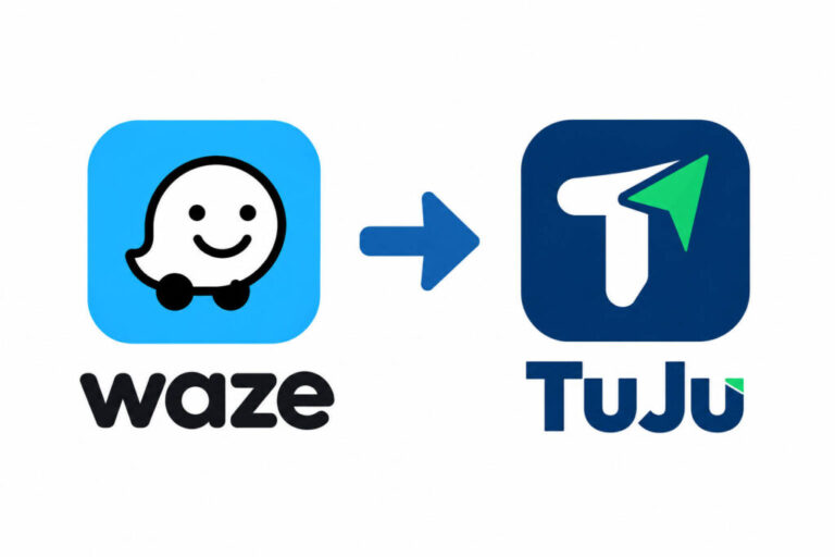 Waze and TuJu app logos with an arrow pointing towards TuJu